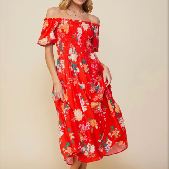 Skies are Blue Women's Fleur Print Off Shoulder Midi Dress Size Small NWT - Picture 3 of 16